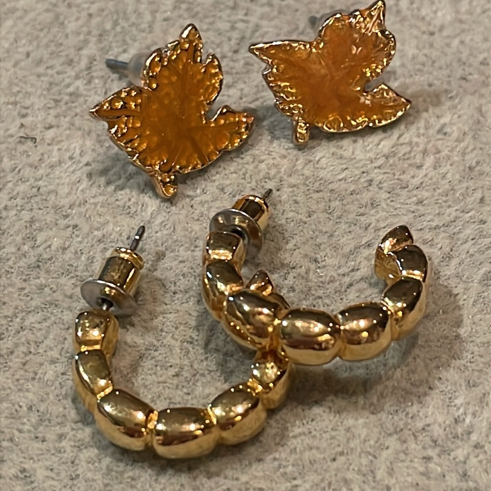Earrings Bundle Gold Leaf and Hoop Earrings Set